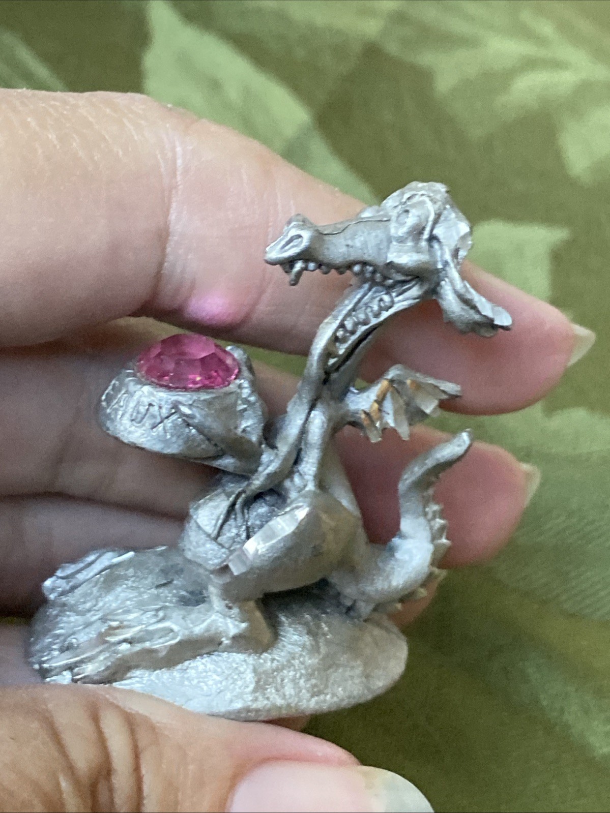 Vtg Spoontiques Pewter Dragon with Pink Stone Solid Pewter