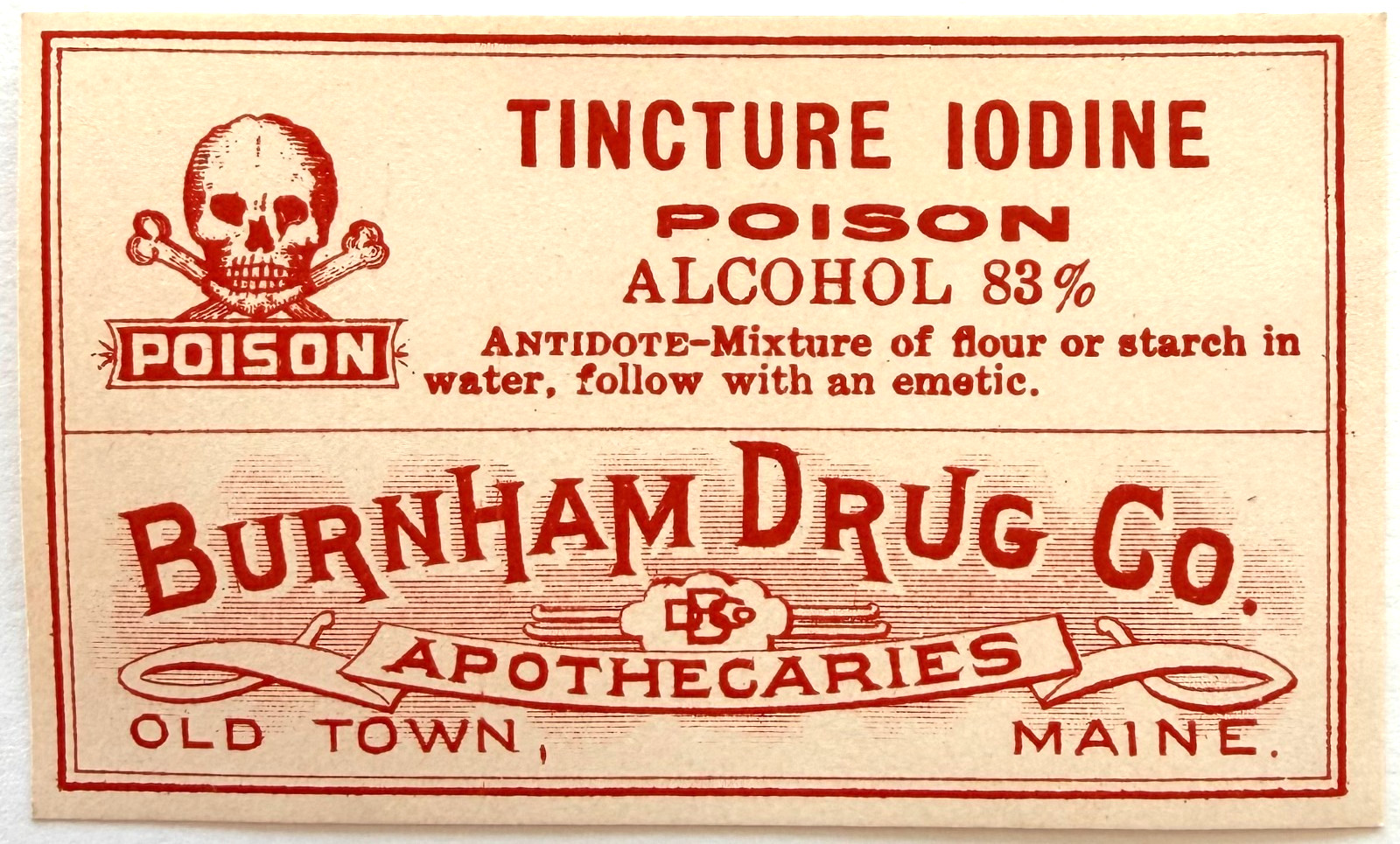 1910s Antique Poison Label Skull Burnham Apothecary Old Town Maine NOS Ephemera