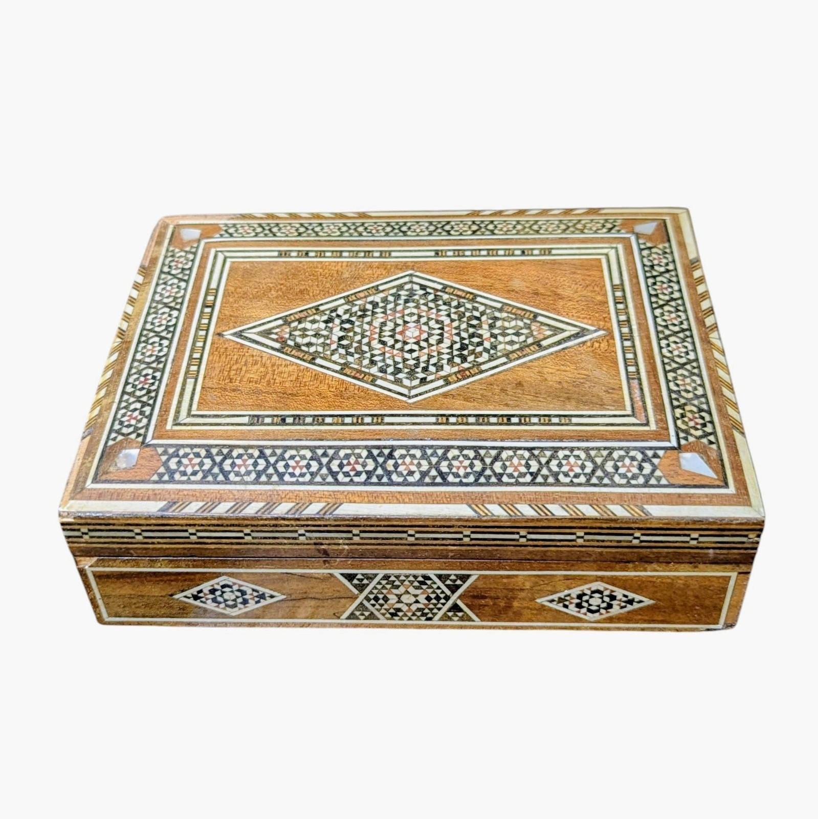 Vtg Middle Eastern Carved Walnut Inlay Wood Mother of Pearl Mosaic Box Hand Made