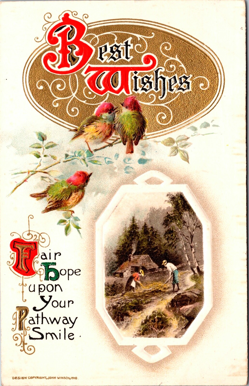 1910 Vintage John Winsch Beautiful Birds Best Wishes Antique Postcard BEAUTIFUL