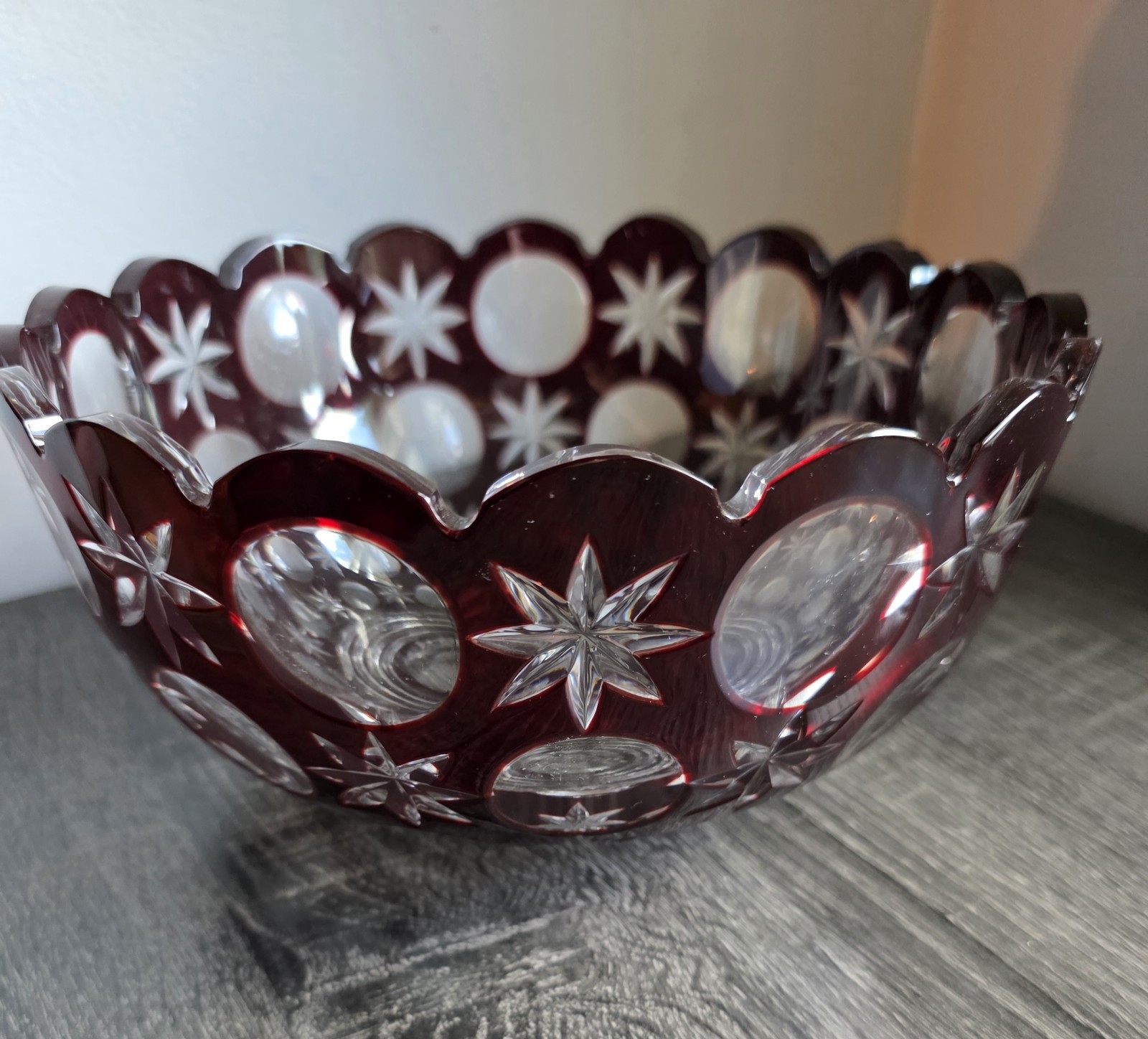 Vintage Bohemian Ruby Red Cut to Clear Crystal Bowl 9\