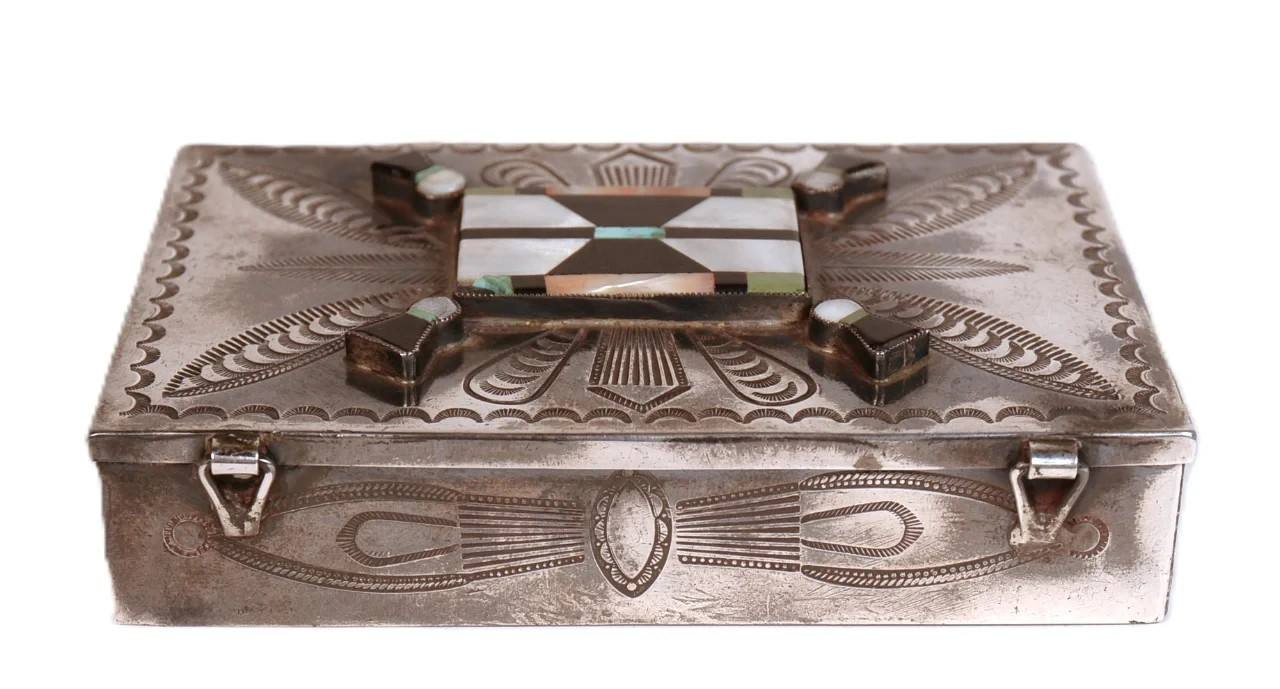 Zuni Pueblo Sterling Silver Inlay Stamped Box ca. 1930 - 1940