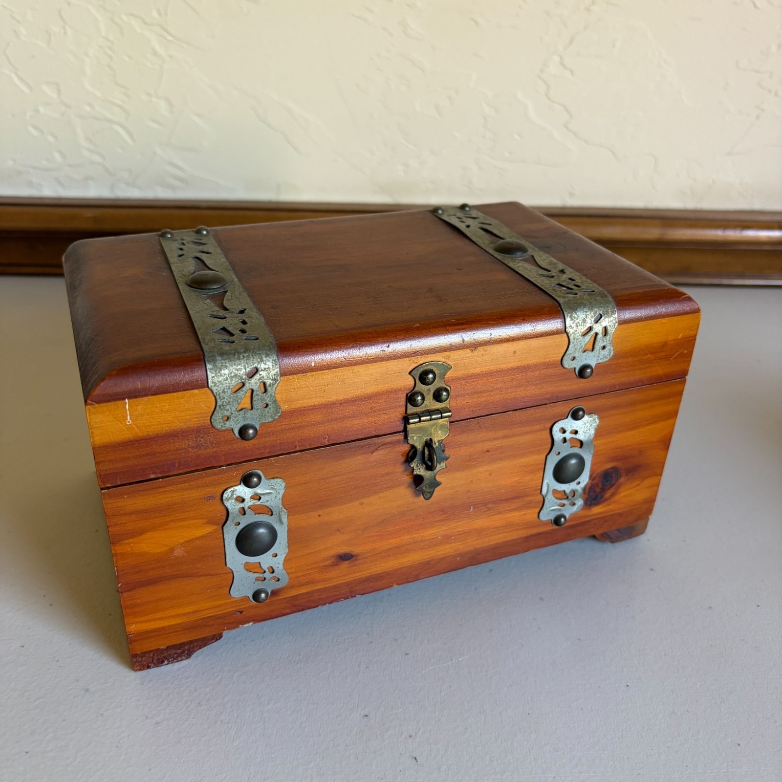 Antique 1940s Wooden Cedar Keepsake Box Metal Straps 