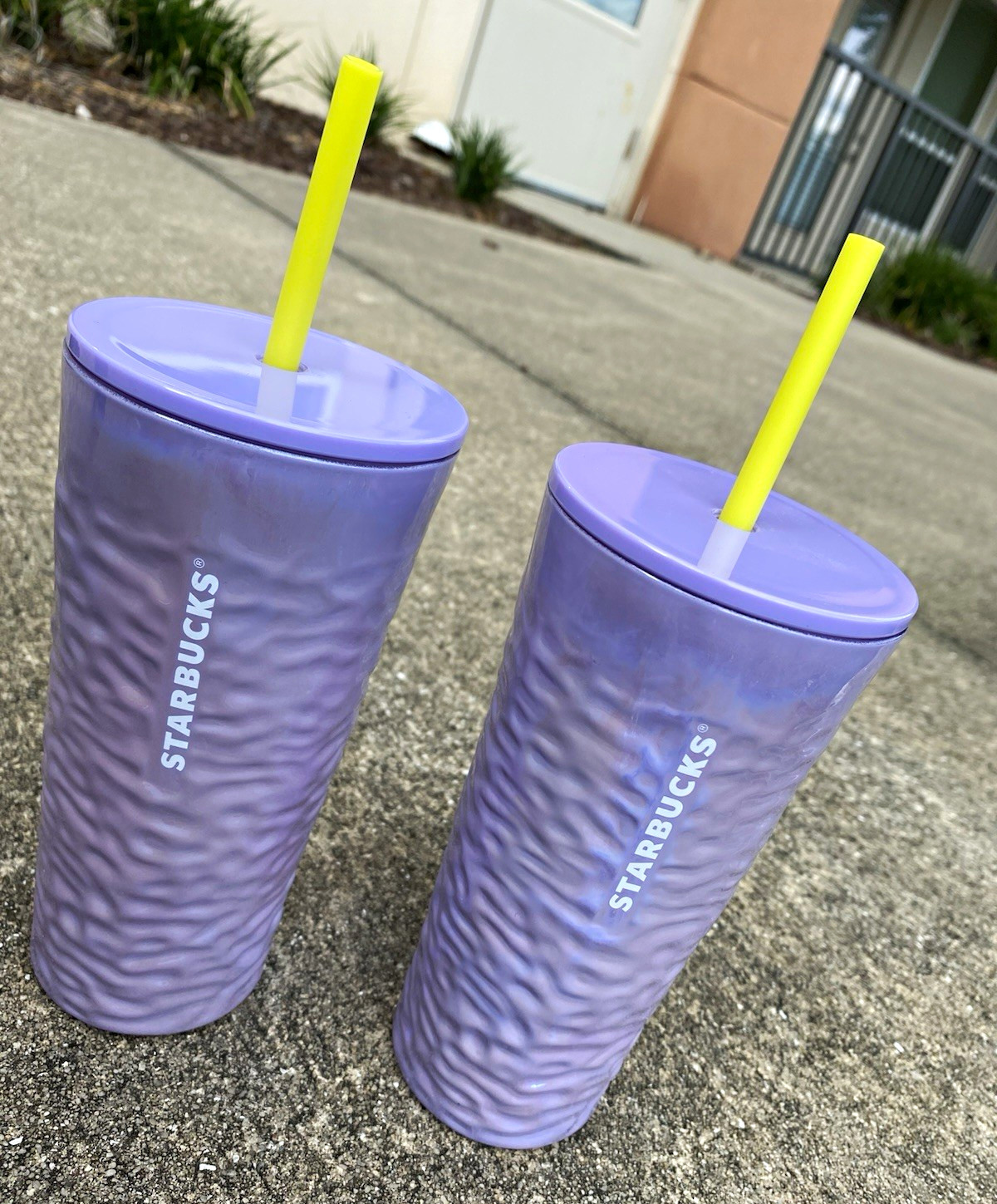 Starbucks 2023 Shimmer Iridescent Lavender Glass Ripple Wave 18oz Set of 2 BNWT