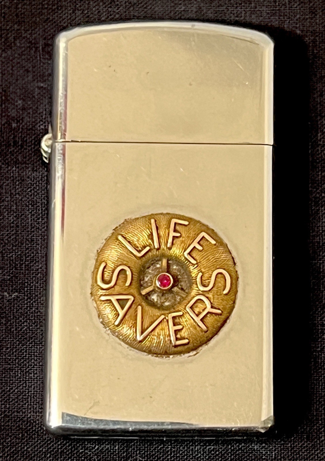 RARE 1973 SLIM ZIPPO LIFE SAVER EMPLOYEE PRESENTATION LIGHTER 14k GOLD & RUBY