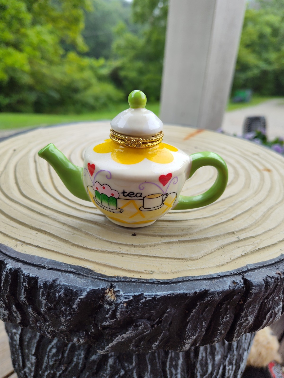 Vintage Miniature Porcelain Tea Pot with Hinged Lid White Yellow 