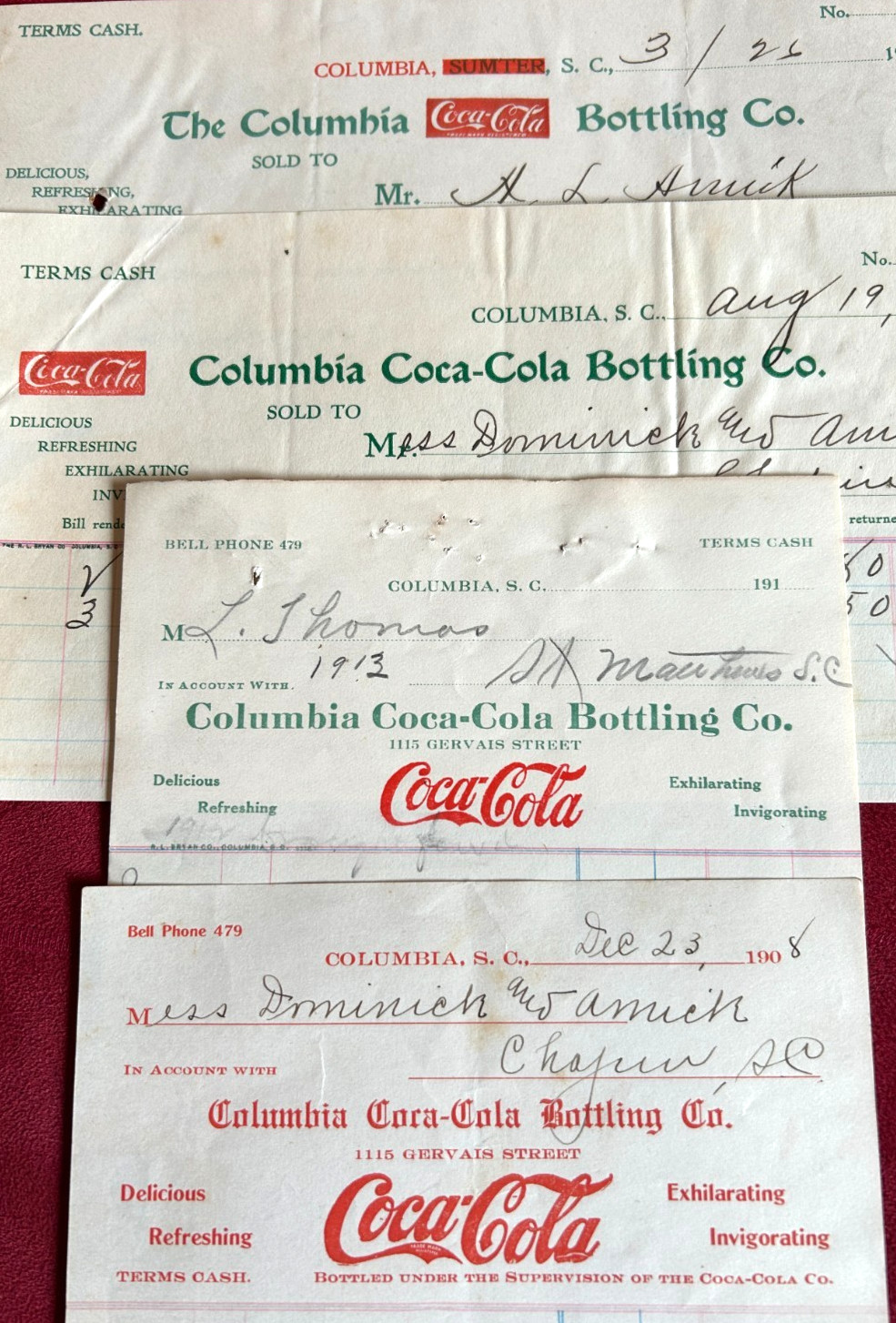 1908, 1909, 1913 Coca-Cola Bottling Co Columbia SC FOUR Statements