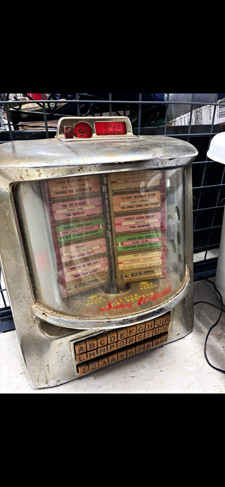 Vintage Wall-Mounted Jukebox Wallbox Selector, Metal, Song Strips, 5¢ 2 Plays