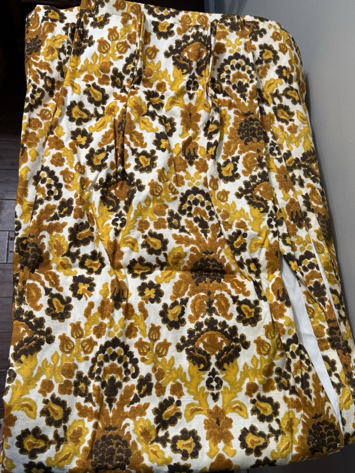 VTG 70s Barkcloth Drapery 2 Panels 24”x54”Floral Harvest Gold  Pinch Pleat
