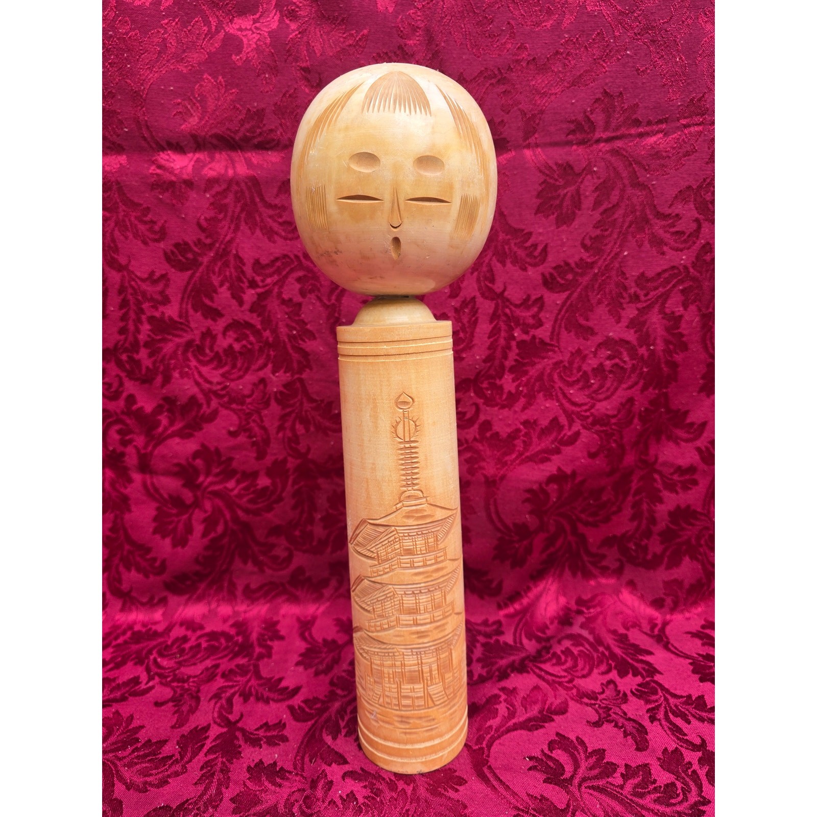 Vintage Creative 14 Inch Carved Wood Pagoda Japanese Signed Kokeshi Doll
