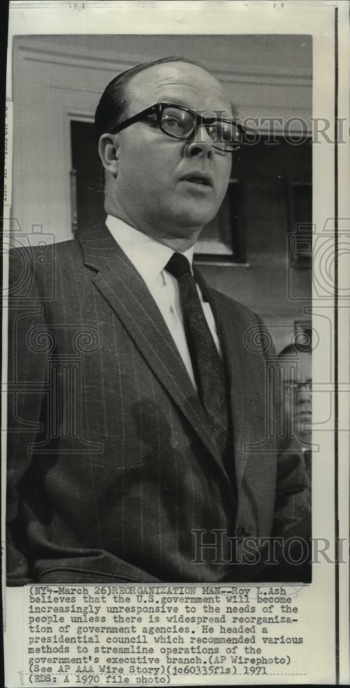 1970 Press Photo Roy L. Ash Talks of Reorganization of Government Agencies