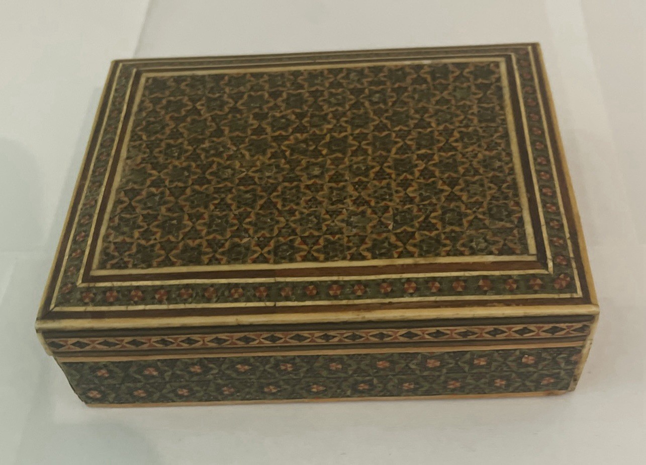 Vtg. Middle Eastern Persian Khatam Kari Jewelry Box Micro Mosaic Pattern