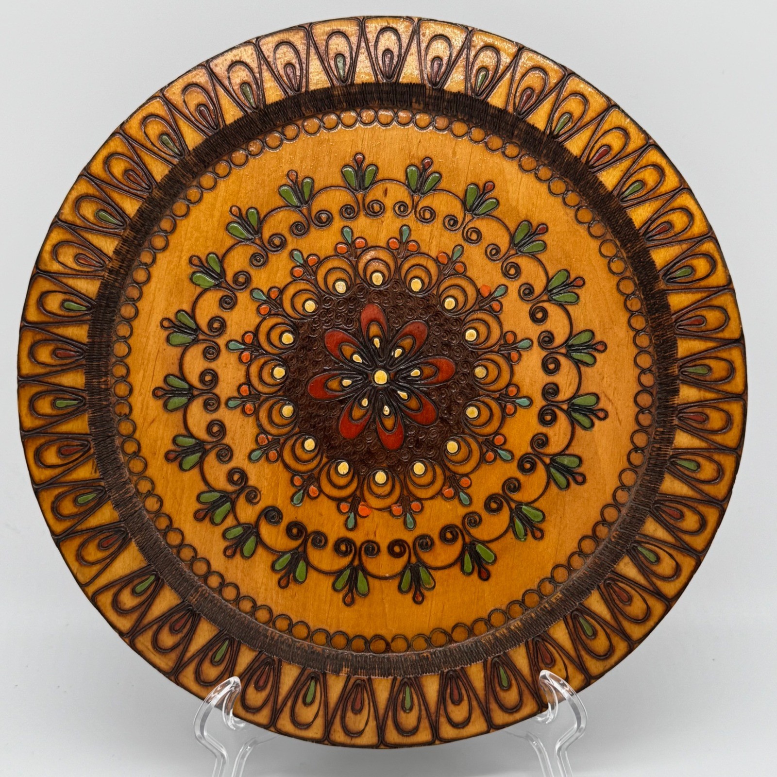 Vintage Polish Folk Art Carved Wood Plate Painted Pyrography Wall Decor 12\