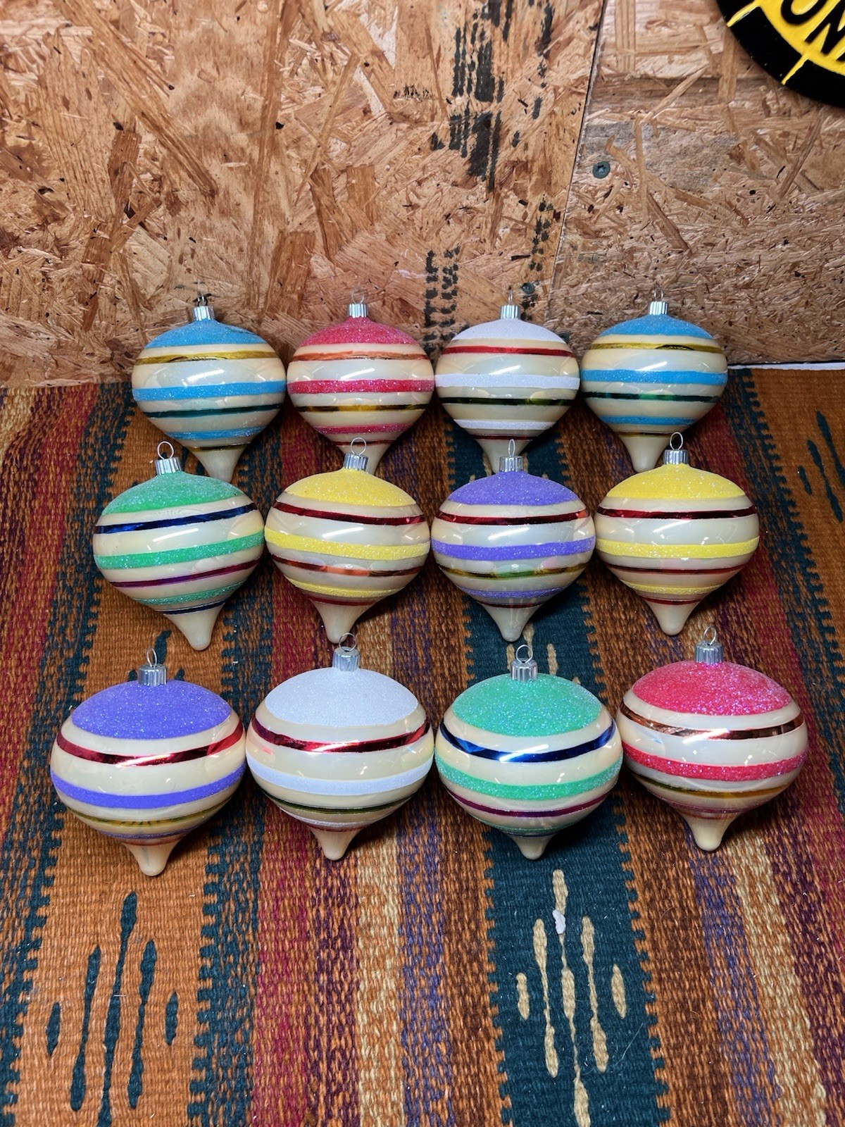 Christopher Radko Shiny Brite 12 Glass Christmas Tree Ornaments Striped Teardrop