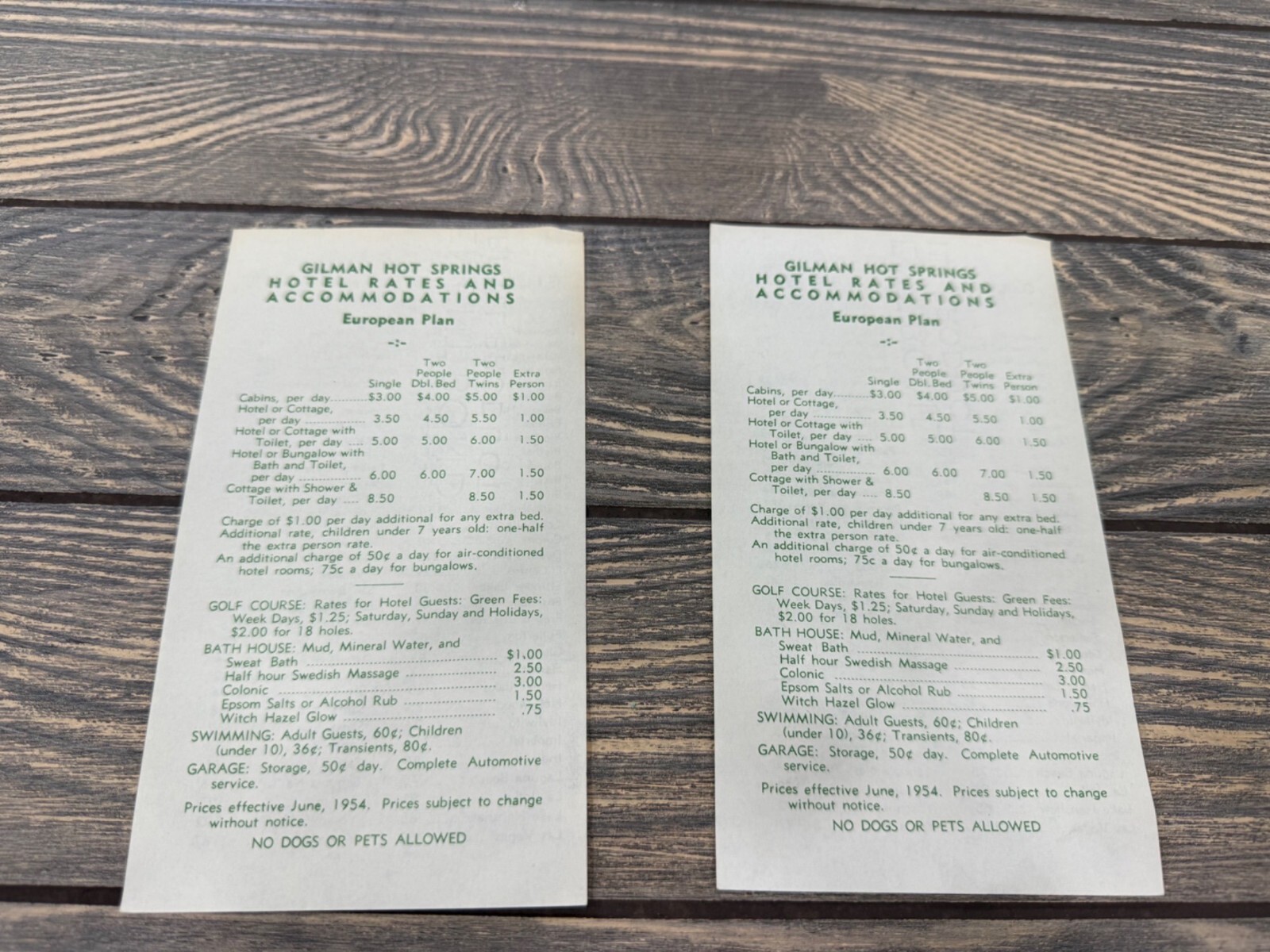 Vintage 1954 Gilman Hot Springs Hotel Rates & Accommodations Cards