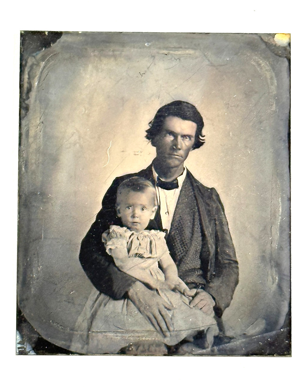 Antique 1/6th Plate Tintype Pioneer Father w/ Child Son Daughter Photo