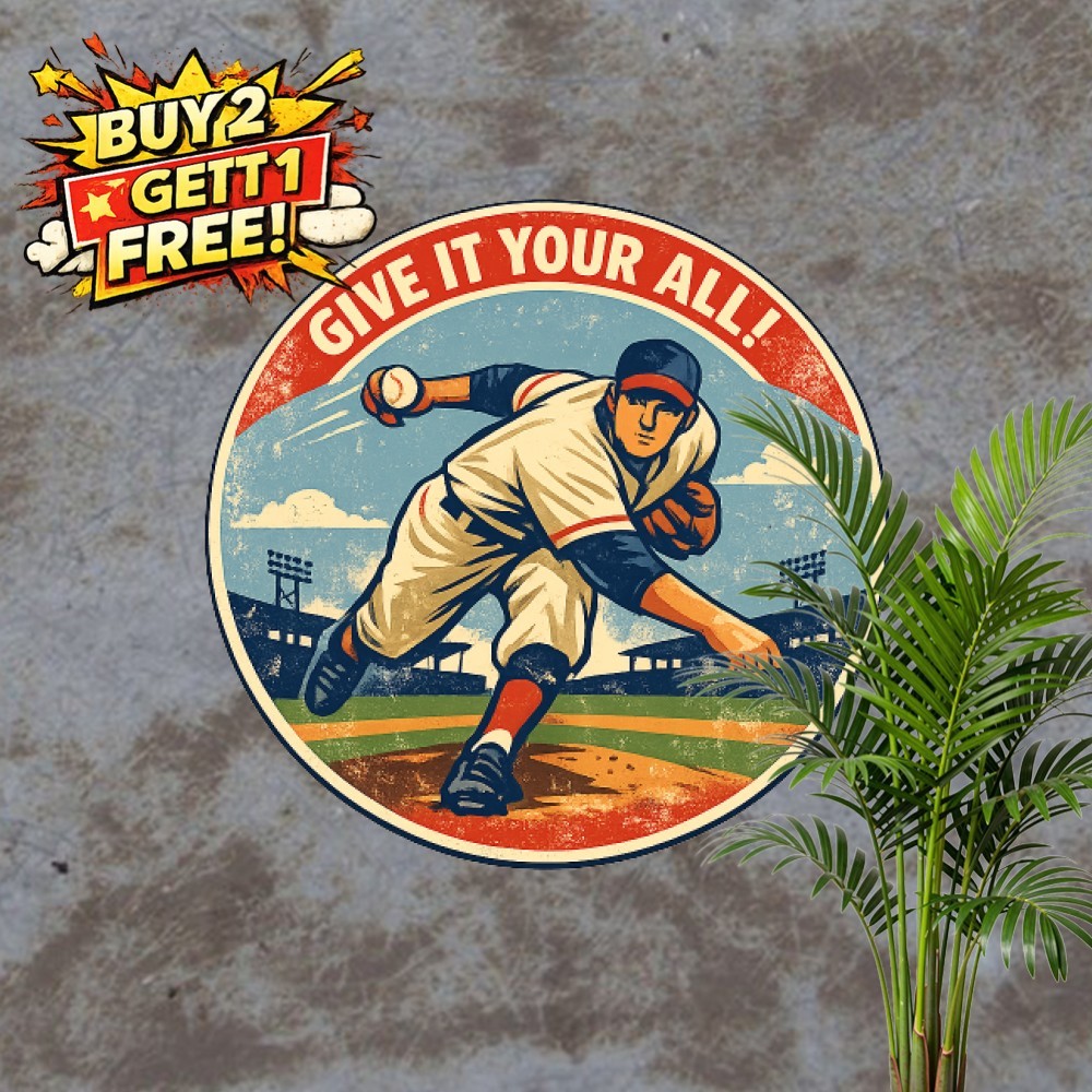 Retro Baseball Player Metal Sign Round Sports Enthusiast Tin Wall Art Plaque