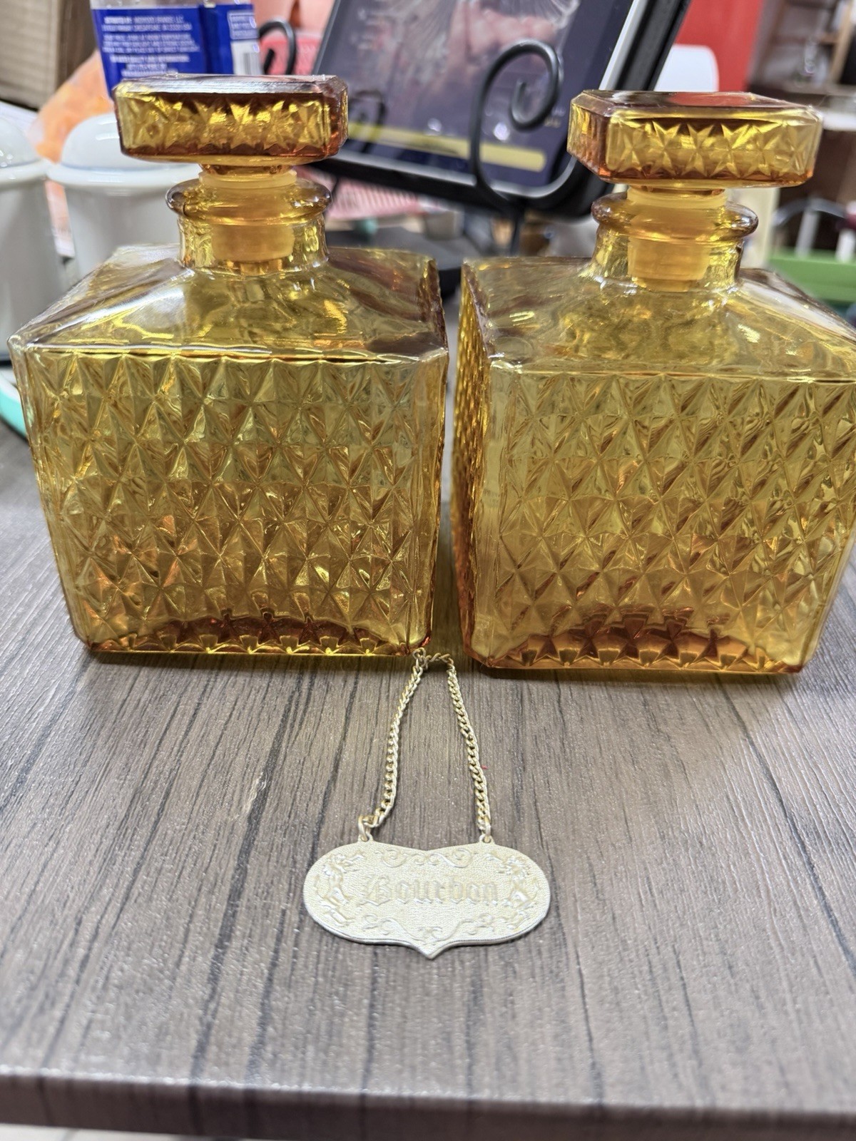 Vintage MCM Amber Glass Diamond Cut Square Decanter Set Of 2 With Stoppers