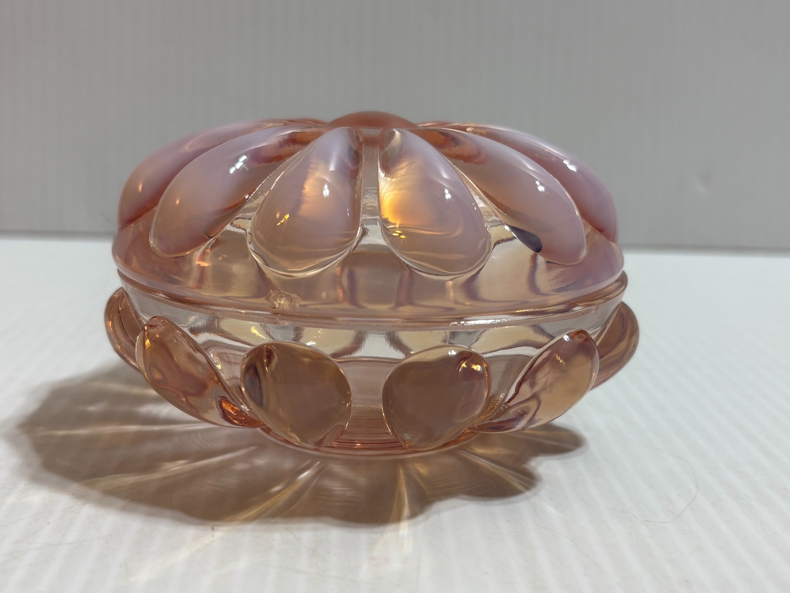 Vintage Pink Opalescent Fenton Signed Teardrop Glass Lidded Dish Powder Jar CHIP