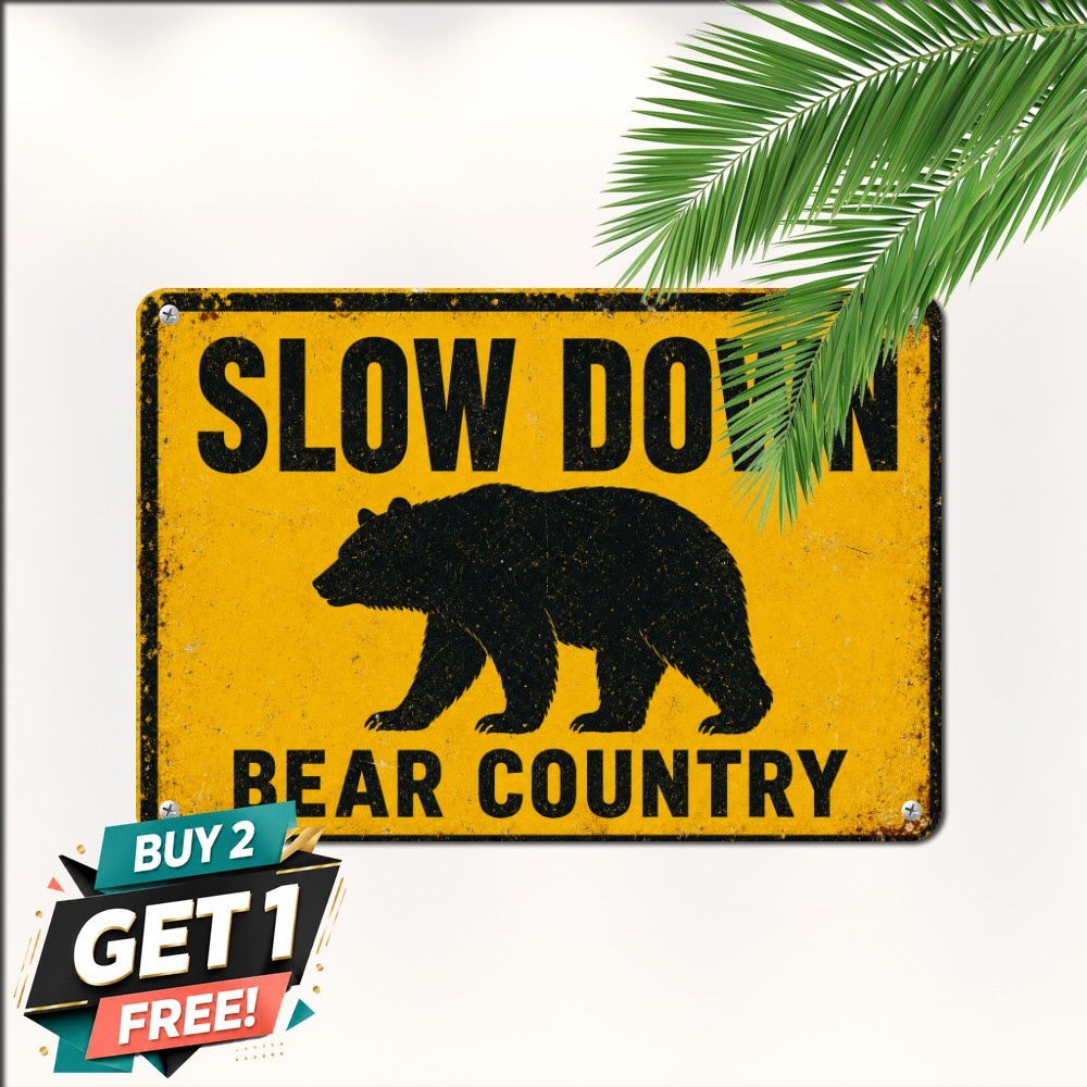 Slow Down Bear Crossing Sign Yellow Black Caution Metal Tin Wall Plaque