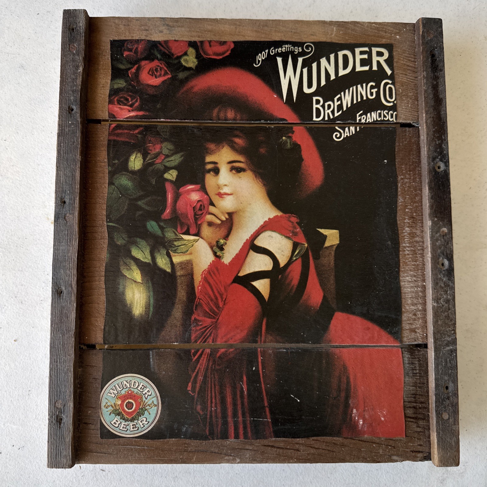 *MINT* WUNDER BEER BREWING SAN FRANCISCO ADVERTISING BARWARE 1974 VINTAGE WOOD