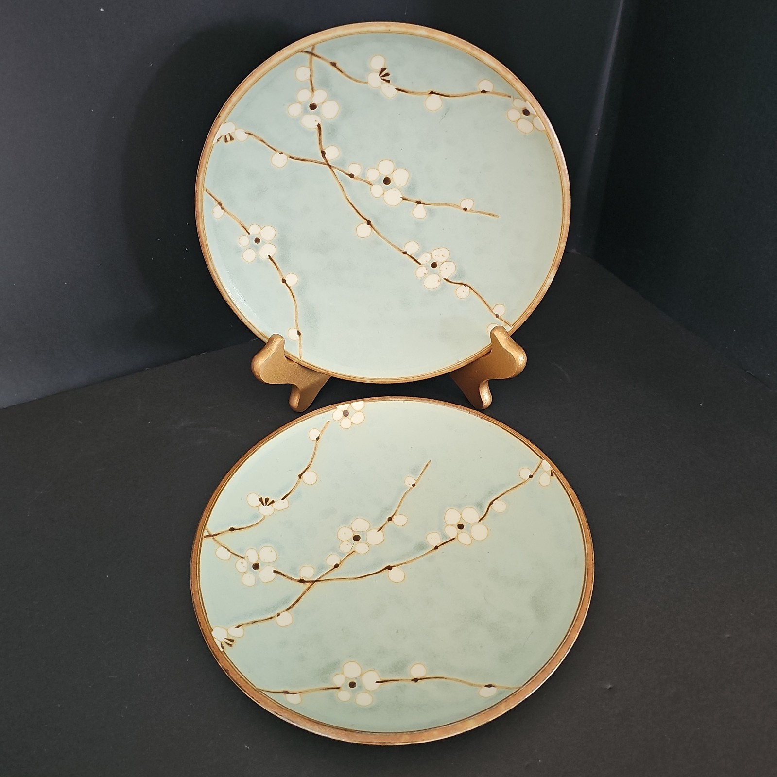 Kafuh Cherry Blossom Japan Blue Stoneware 7 5/8 Salad Plates Set of 2 Vintage