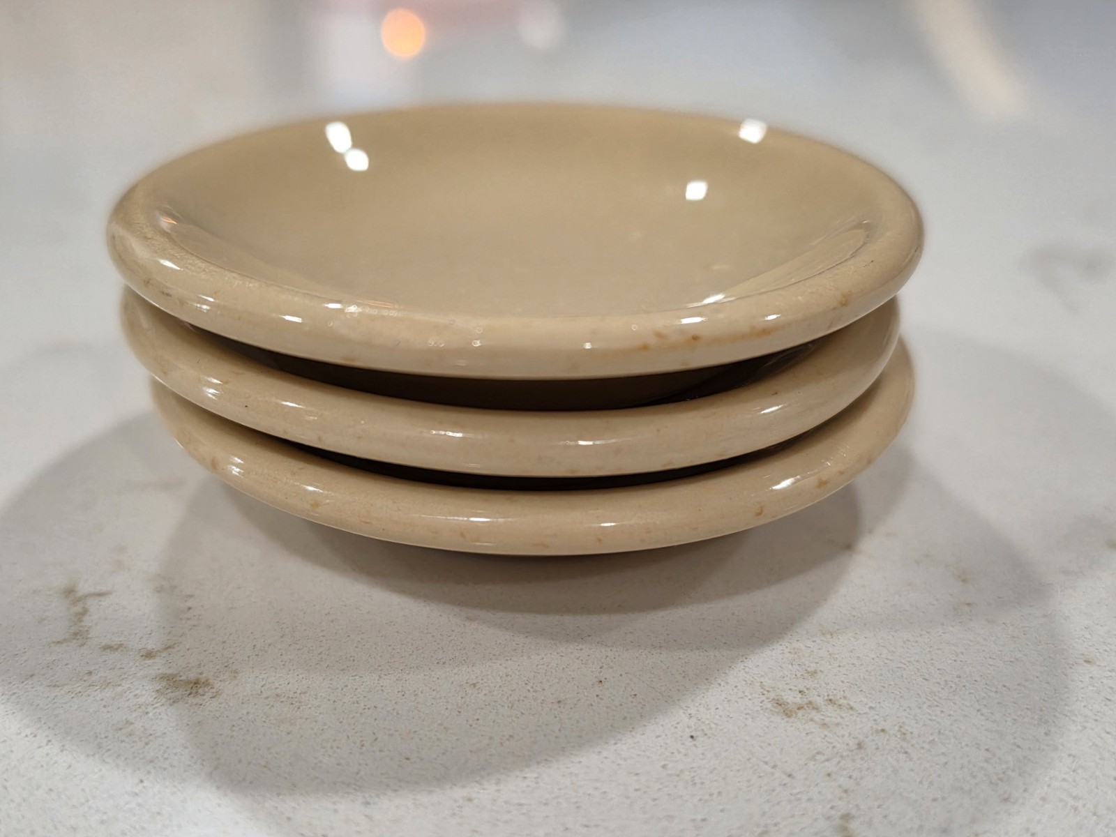Set of 3 Vintage Heavy Tan Chunky Restaurant Ware Ironstone Butter Pat Dishes