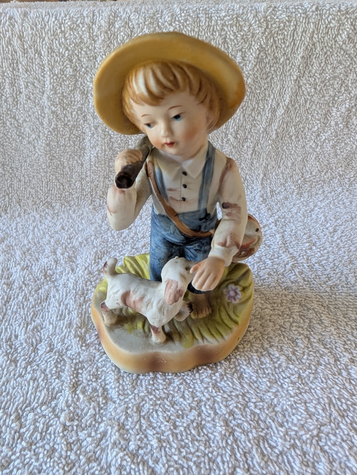 Vintage Hand Painted Bisque Farm Boy with Dog Figurine Gone Fishing 5 \