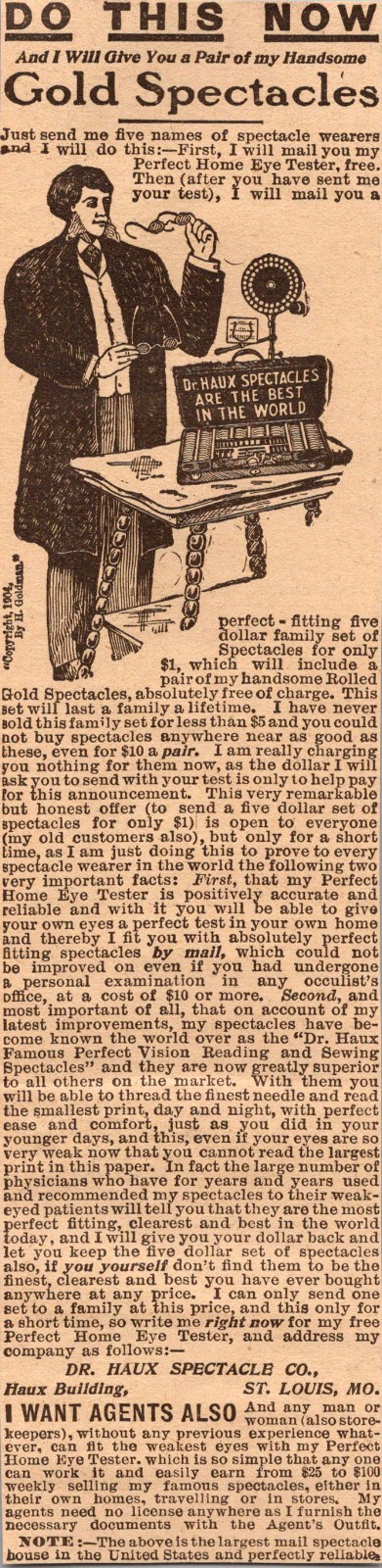 Dr Haux Spectacle Co Gold Spectacles St Louis MO 1906 Minneapolis Ad 5AL1-1