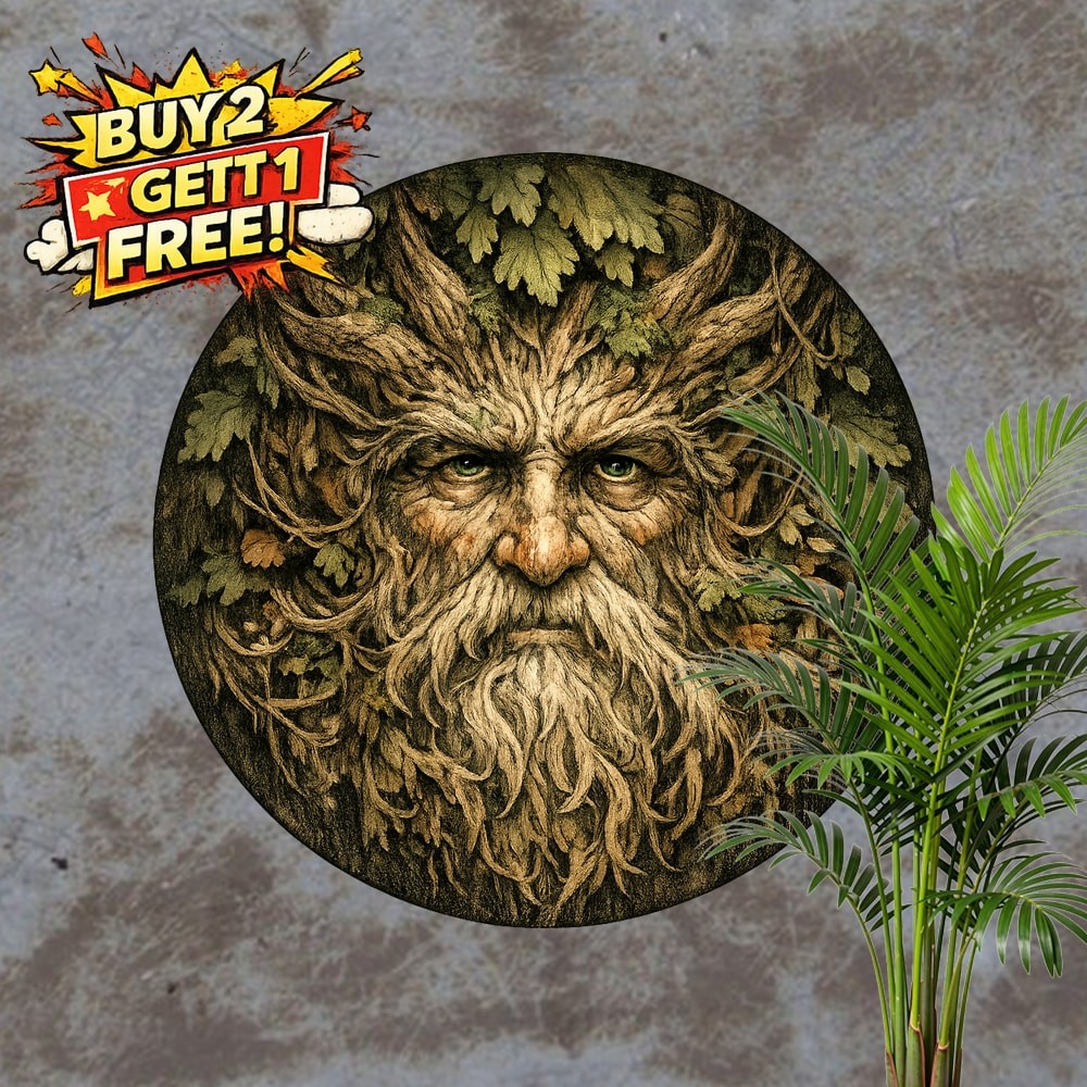 Elderly Face Tree Spirit Foliage Greenman Mythology Round Metal Sign 8x8
