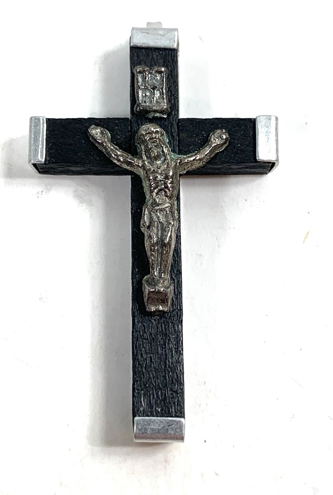 Antique Vtg Ebony Wood Silver INRI Cross Rosary Crucifix Pendant ITALY