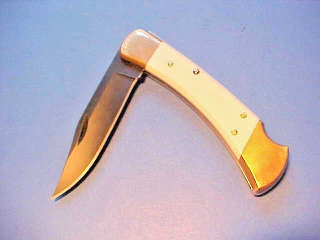 VINTAGE CUSTOM BUCK 110 KNIFE BLACK-OXIDE BLADE WHITE G10 SCALES LEATHER SHEATH