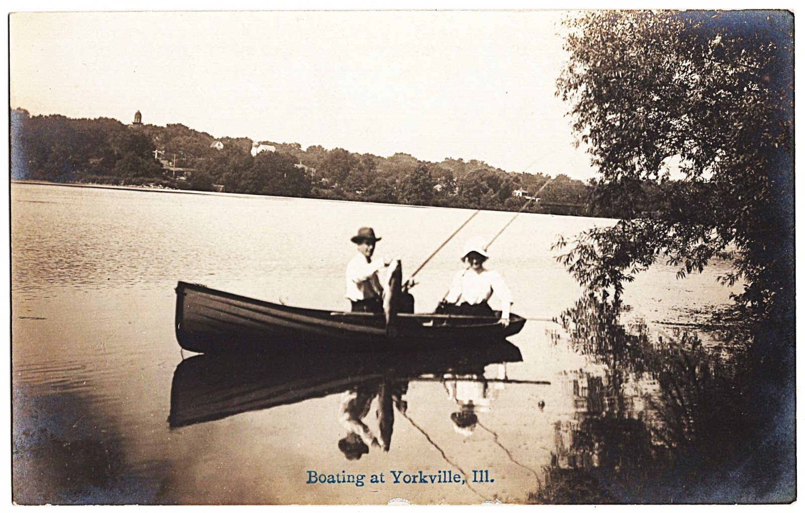 real photo Yorkville IL - Boating Man Woman Fishing Large Fish antique pc RPPC