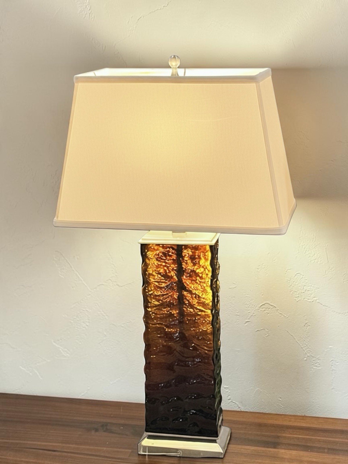 MCM Vtg Wavy, Ripple, Crinkle Amber glass & stainless steel lamp 80s Brutalist