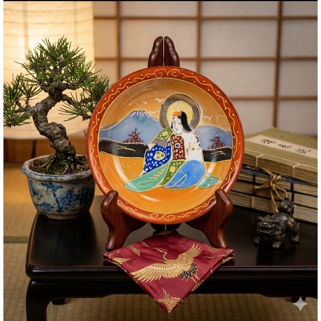Vintage Hand Painted Japanese Moriage Plate Geisha Mount Fuji Porcelain H Mark
