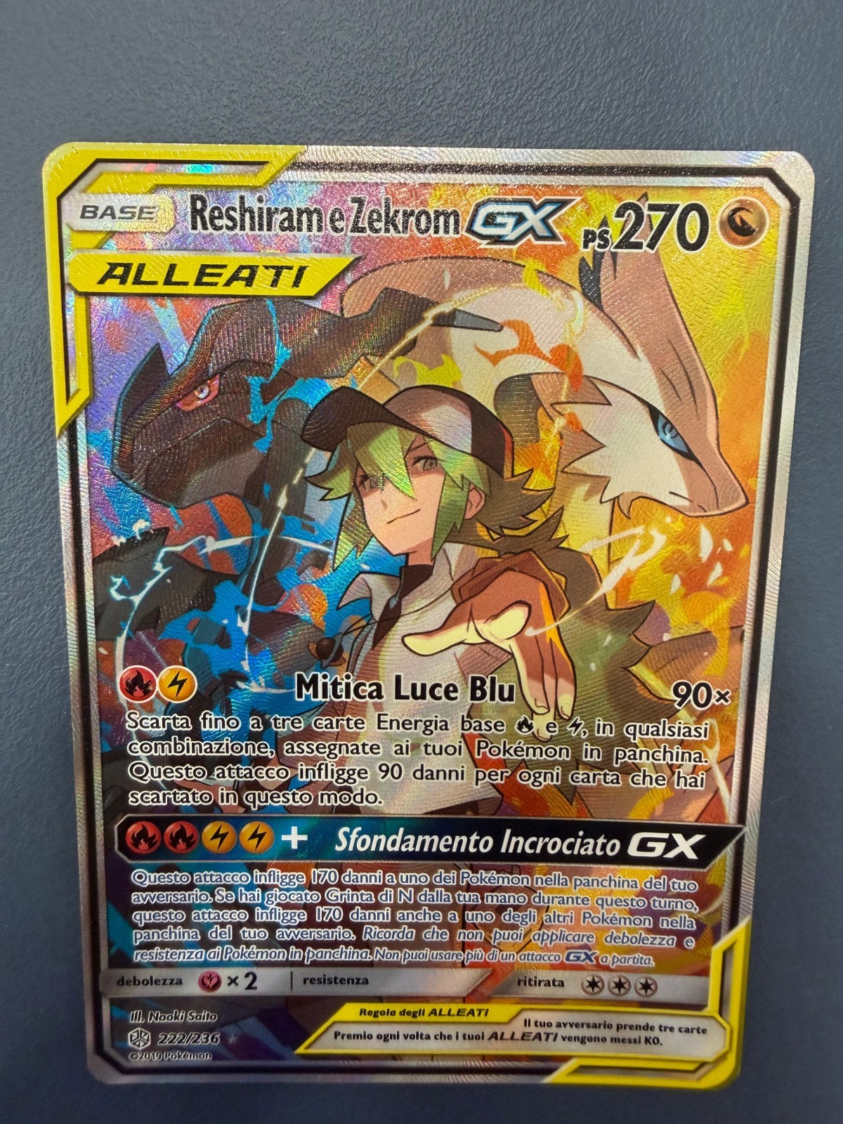Pokemon Card Reshiram and Zekrom GX 222/236 Cosmic Eclipse ITA Italian Excellent