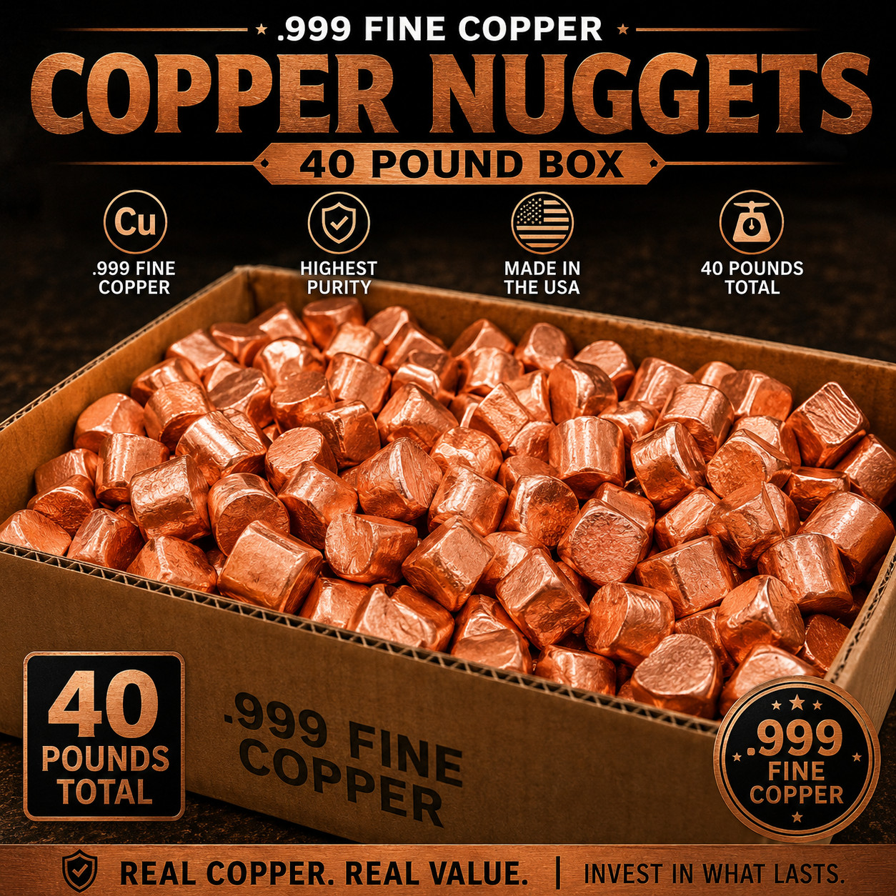 40 LB Box of Pure Copper Nuggets – .999% Pure Bullion Metal Pounds Lot