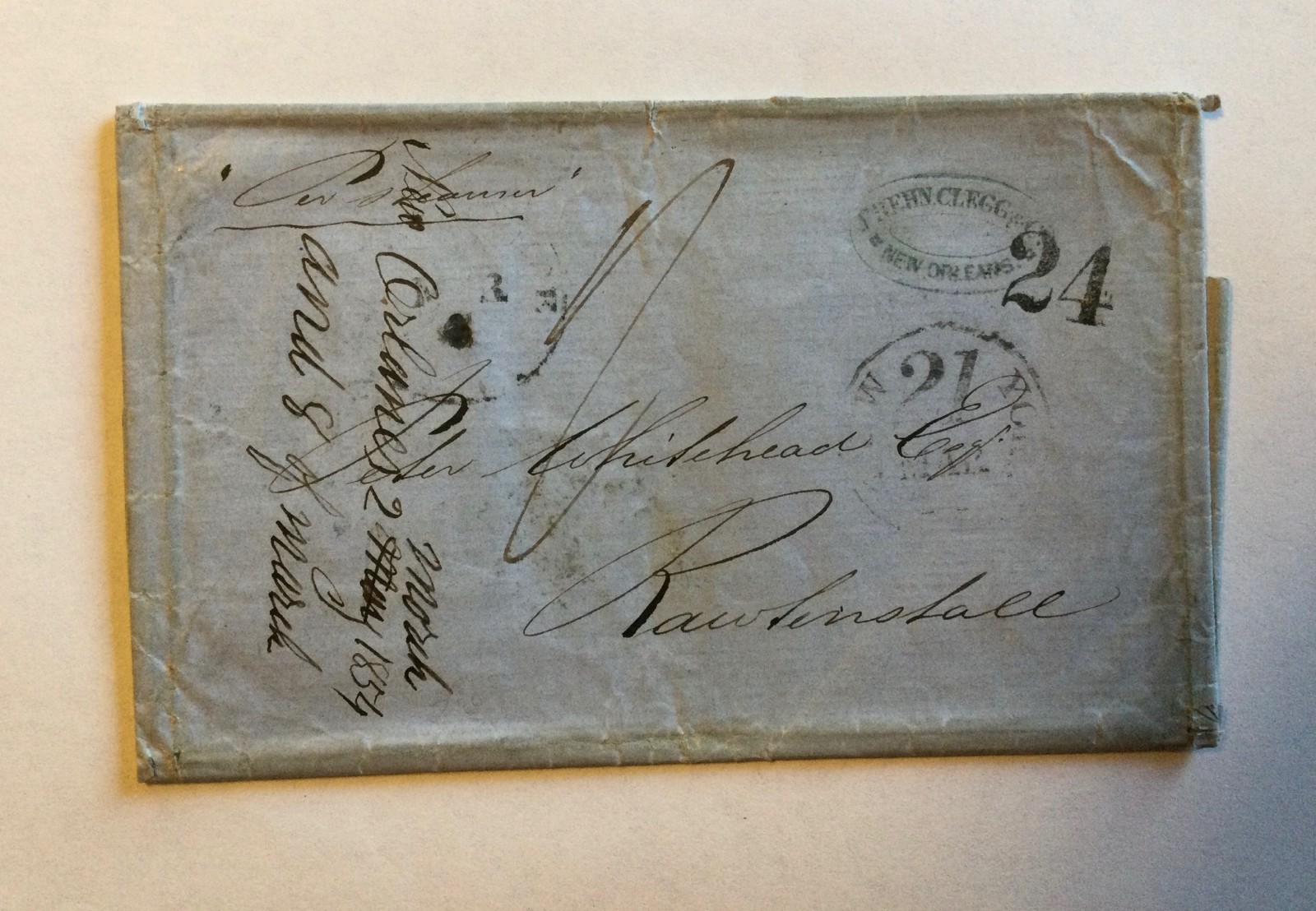 1854 Letter New Orleans Frehn Clegg Peter Whitehead Rawtenstall England