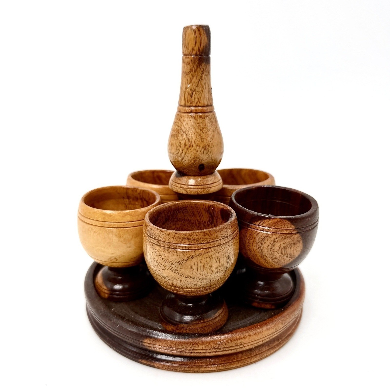 Vintage Hand Turned Wood Shot Glass Set 6 Cups with Round Caddy Tray Brown MCM
