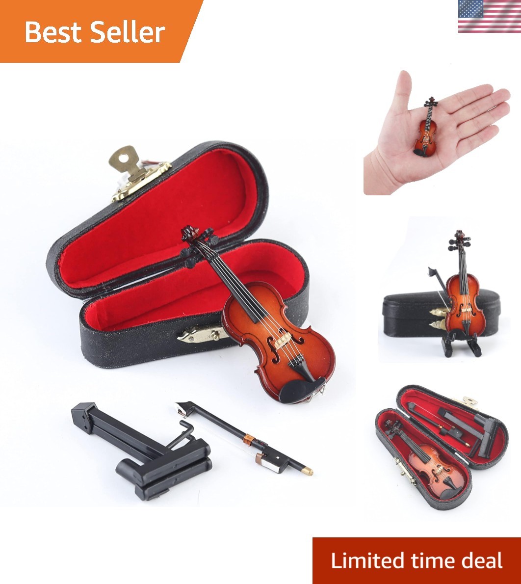 Wooden Miniature Violin Replica with Stand, Bow and Case Sculpture Ornament Wooden Miniature Violin Replica with Stand, Bow and Case Sculpture Ornament