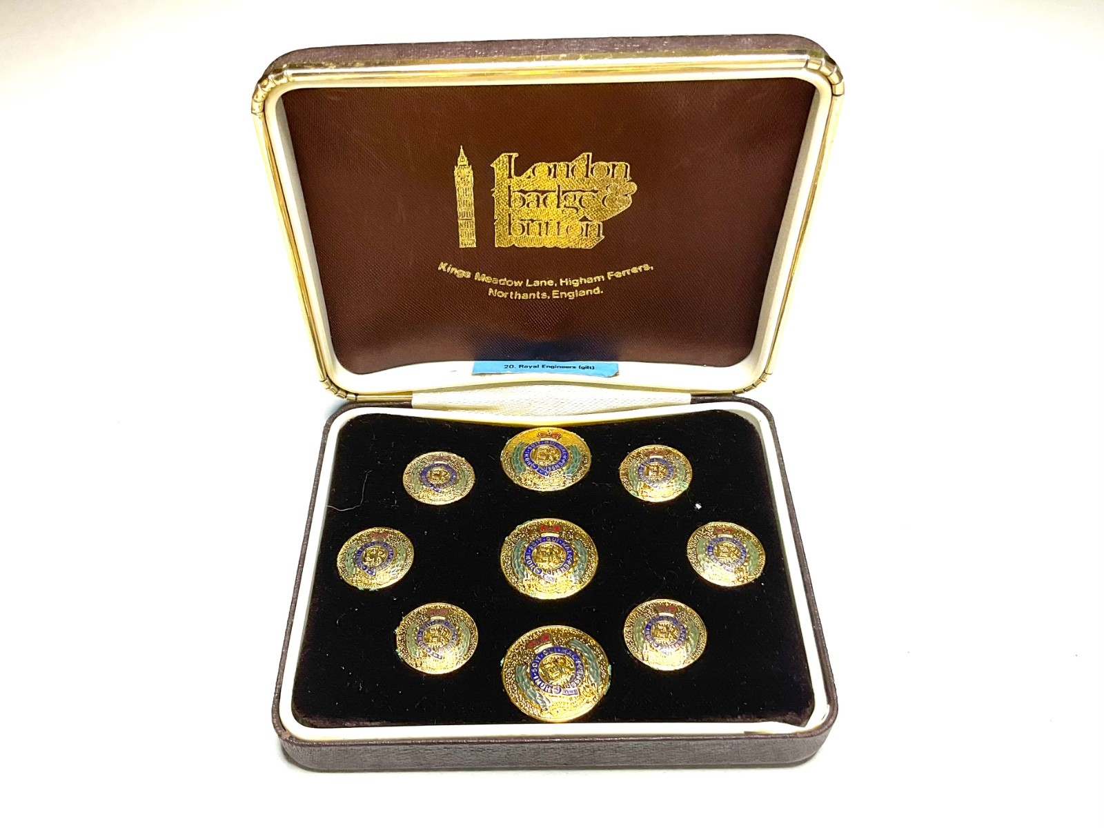 Vintage Royal Engineers Gilt Enamel Buttons Set of 8 Box London Badge & Button