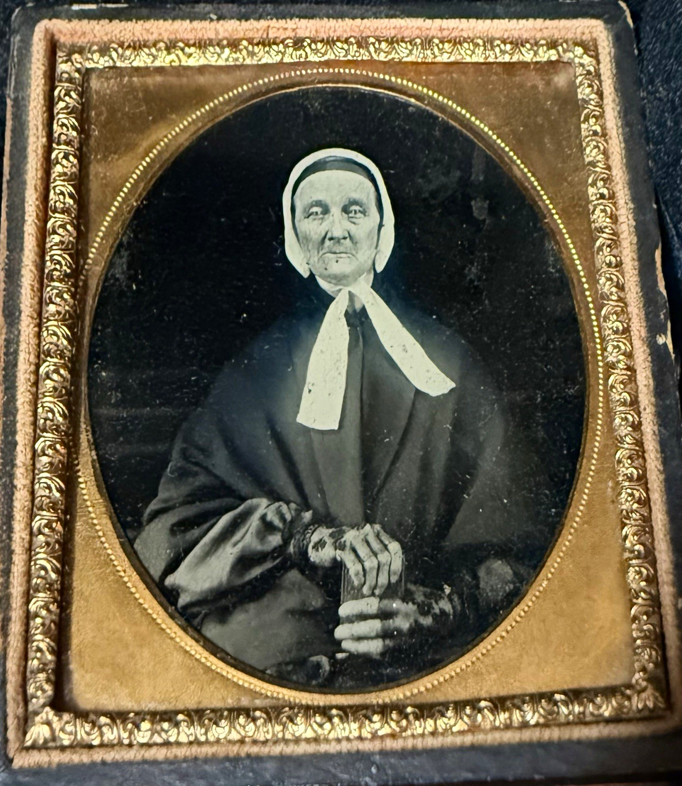 Antique Victorian Cased Ambrotype Portrait Woman Embossed Wood Case B&W c.1857