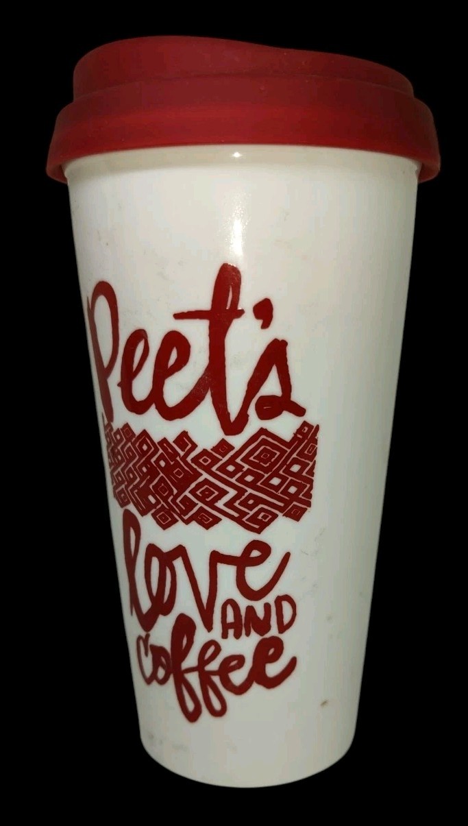 Peet's - Love and Coffee - Ceramic Tumbler - With Silicone Red Lid - 16oz ~RARE~