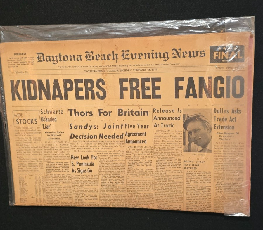 Vintage Feb 24, 1958 Daytona Beach Newspaper: Juan Manuel Fangio Rare Find