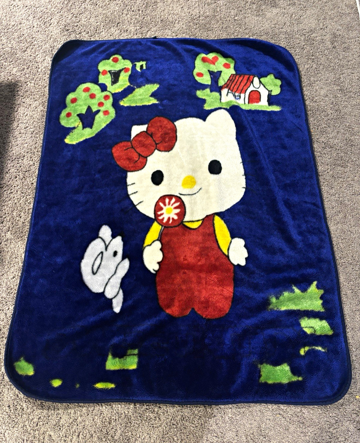Vintage 1990’s Sanrio Hello Kitty faux/mink plush Blanket Throw, Blue 42 x48