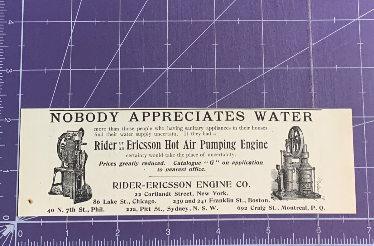 1900 VICTORIAN PRINT AD RIDER ERICSSON ENGINE COMPANY HOT AIR PUMPING ENGINE