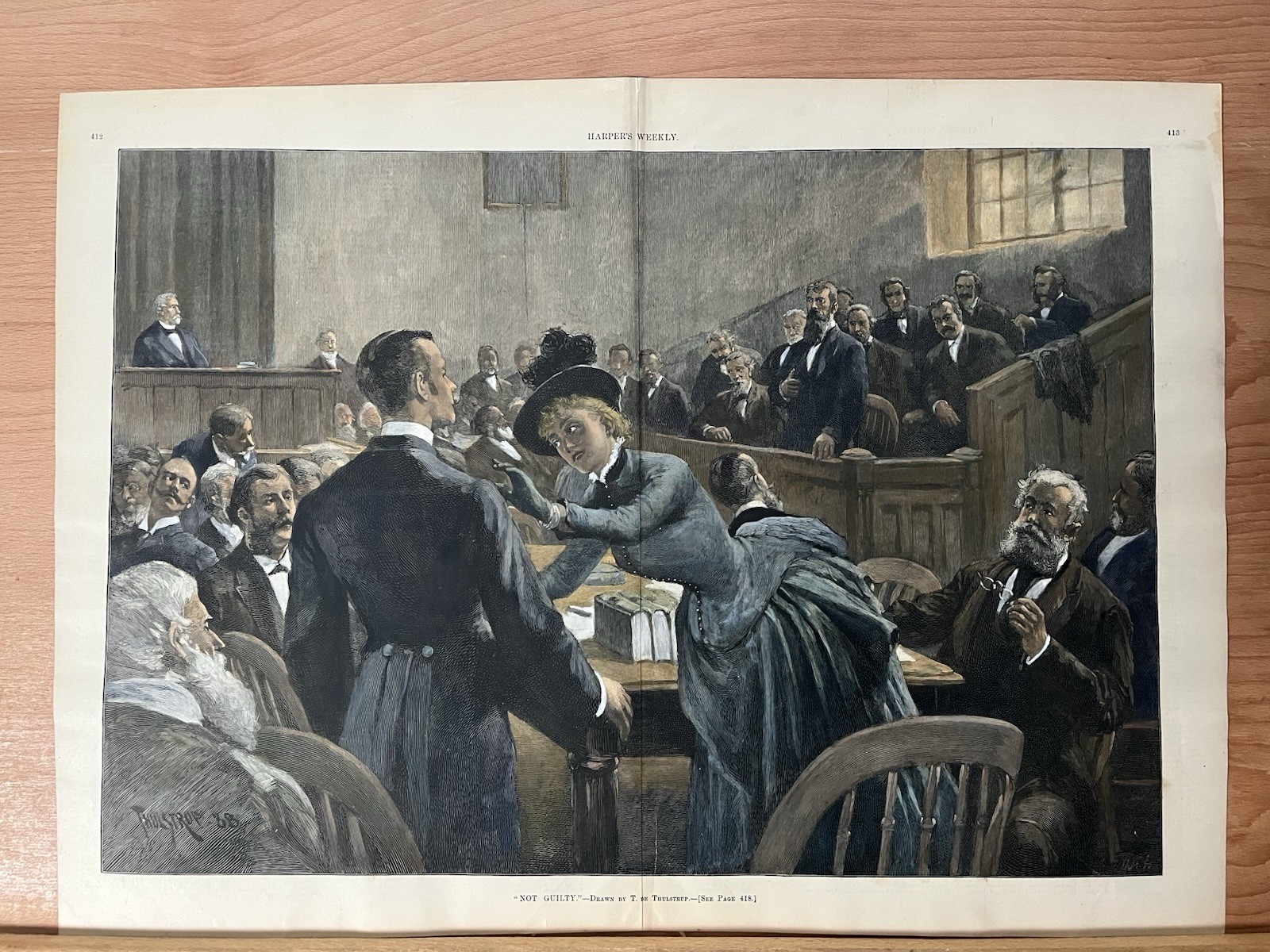 1888 T. de. THULSTRUP   “NOT GUILTY”  HARPERS WEEKLY HAND COLORED ENGRAVING