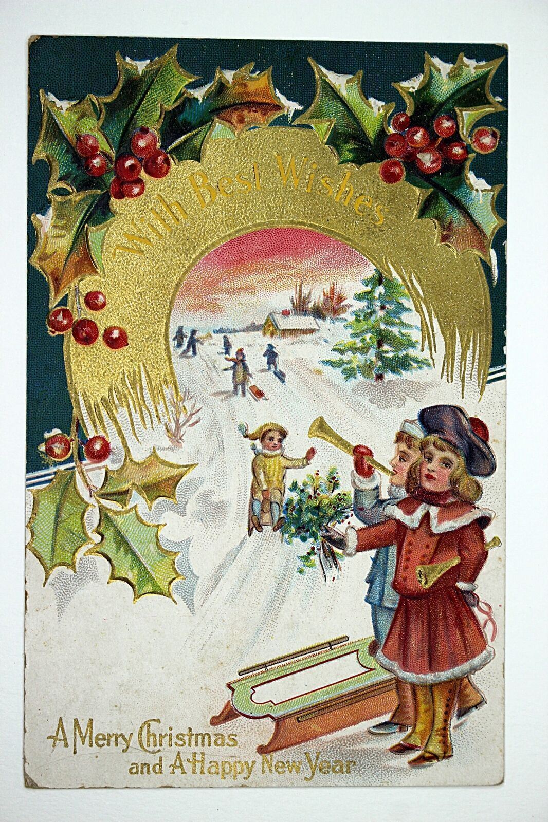 c.1909 Children Sledding Horseshoe Christmas Postcard Gold Embossed #64