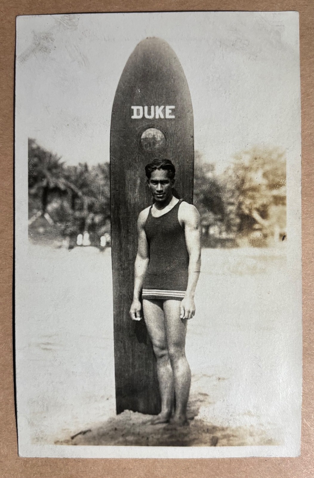 Original RPPC Postcard of Duke Kahanamoku AZO Hawaii Surfing Olympic Champion