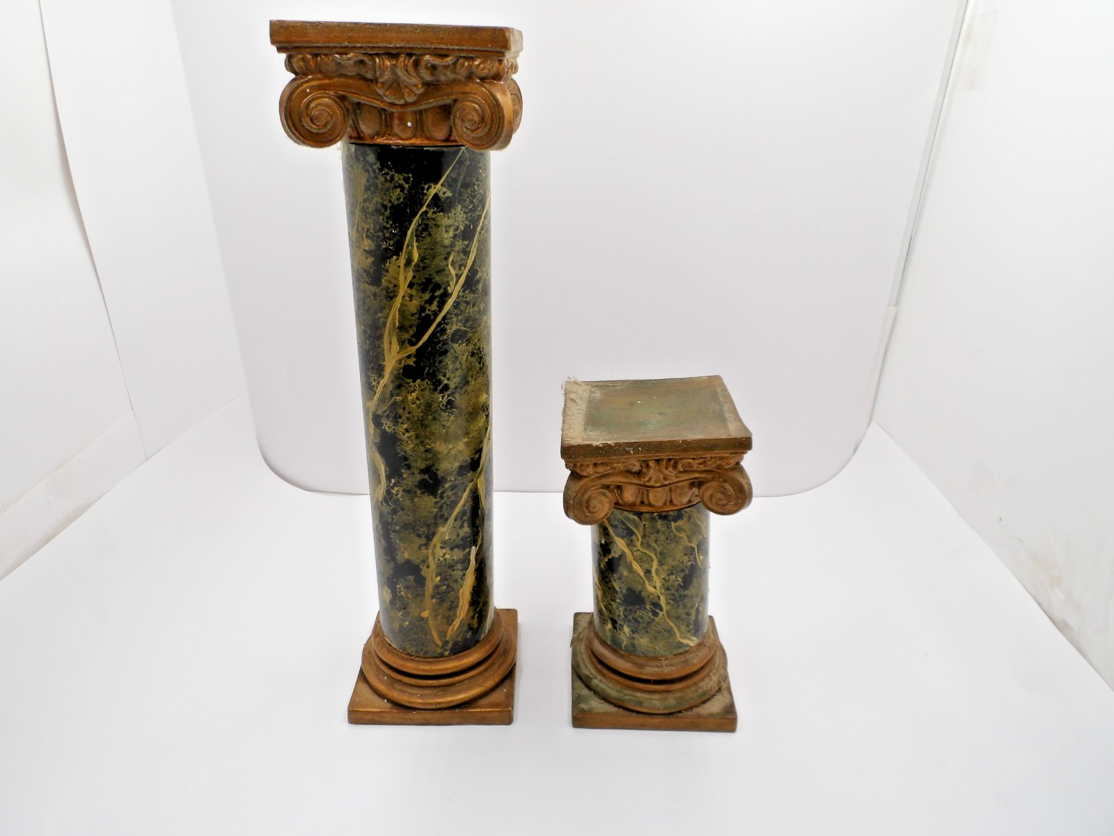 Vintage Neoclassical Faux Marble Column Pedestal Plant Stands Pair Gilt Green